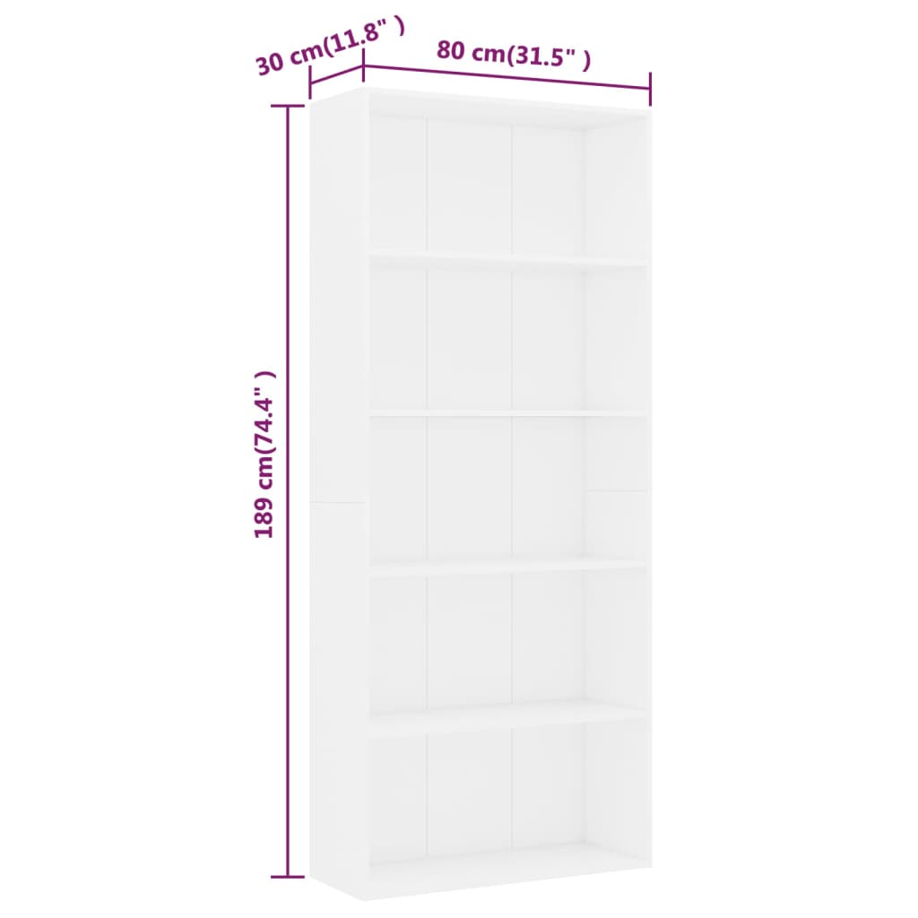 5-Tier Book Cabinet White 80x30x189 cm Engineered Wood - Newstart Furniture