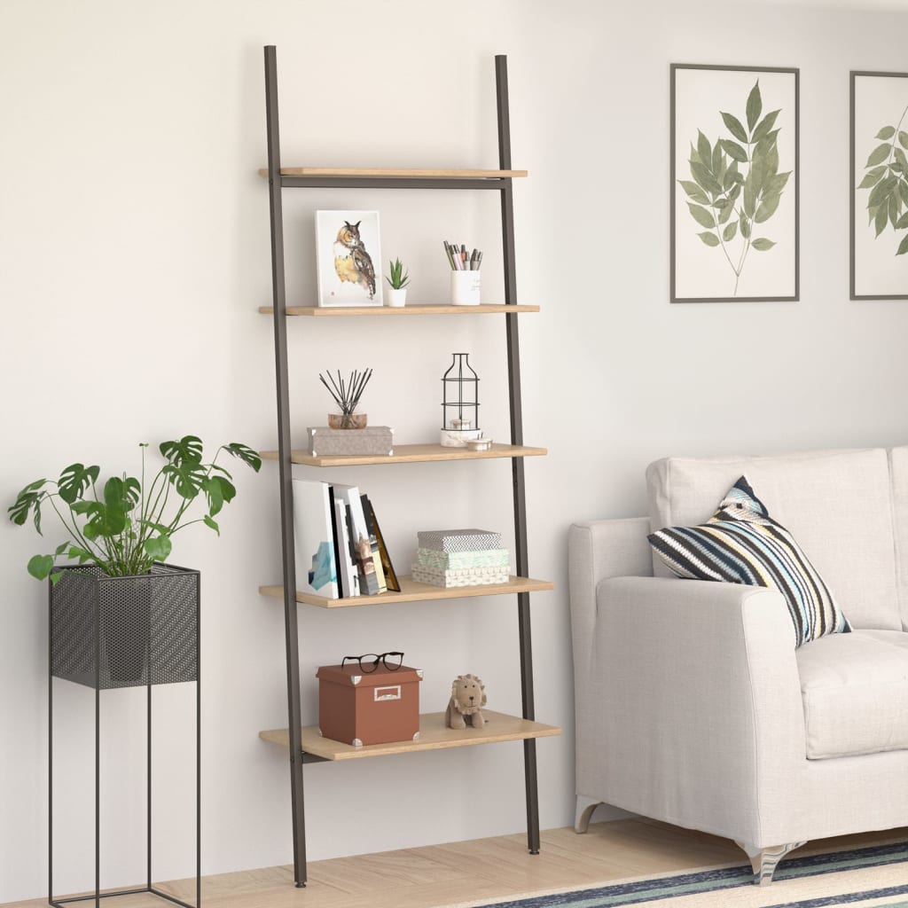 5-Tier Leaning Shelf Light Brown and Black 64x34x185.5 cm - Newstart Furniture