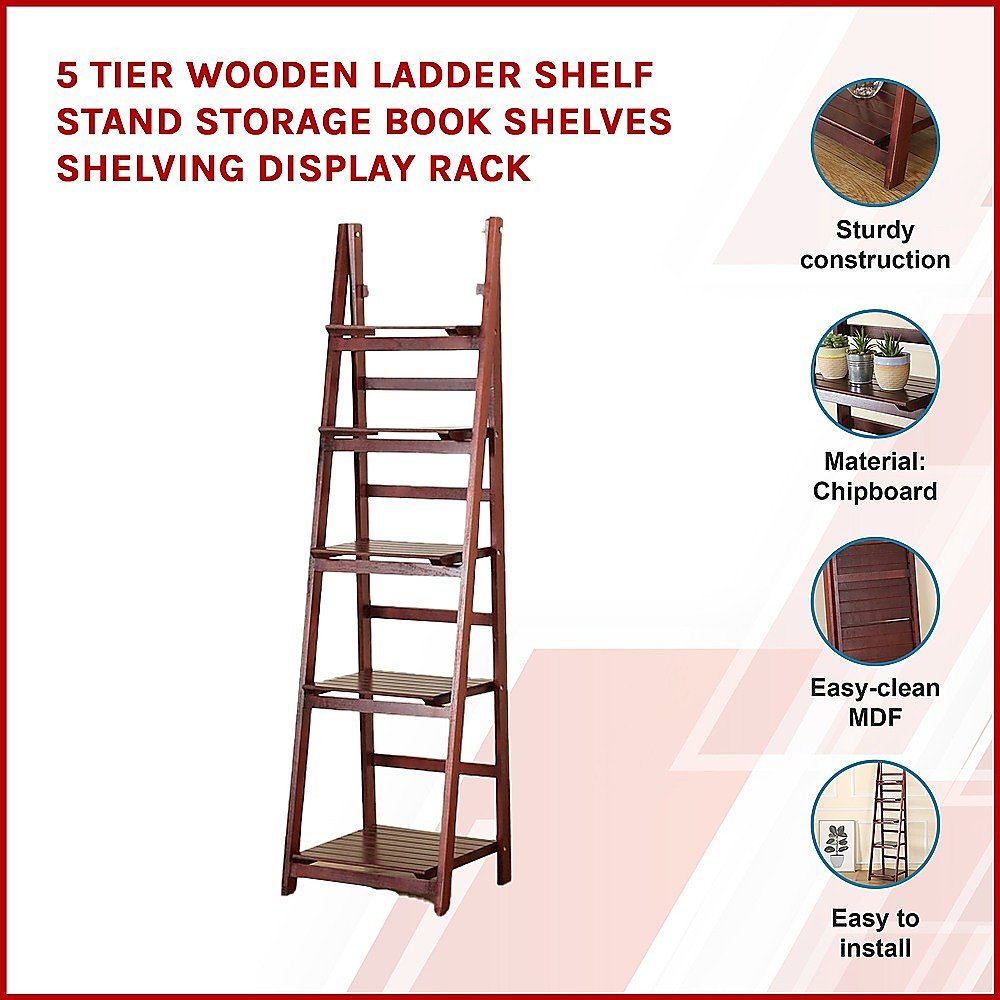 5 Tier Wooden Ladder Shelf Stand Storage Book Shelves Shelving Display Rack - Newstart Furniture