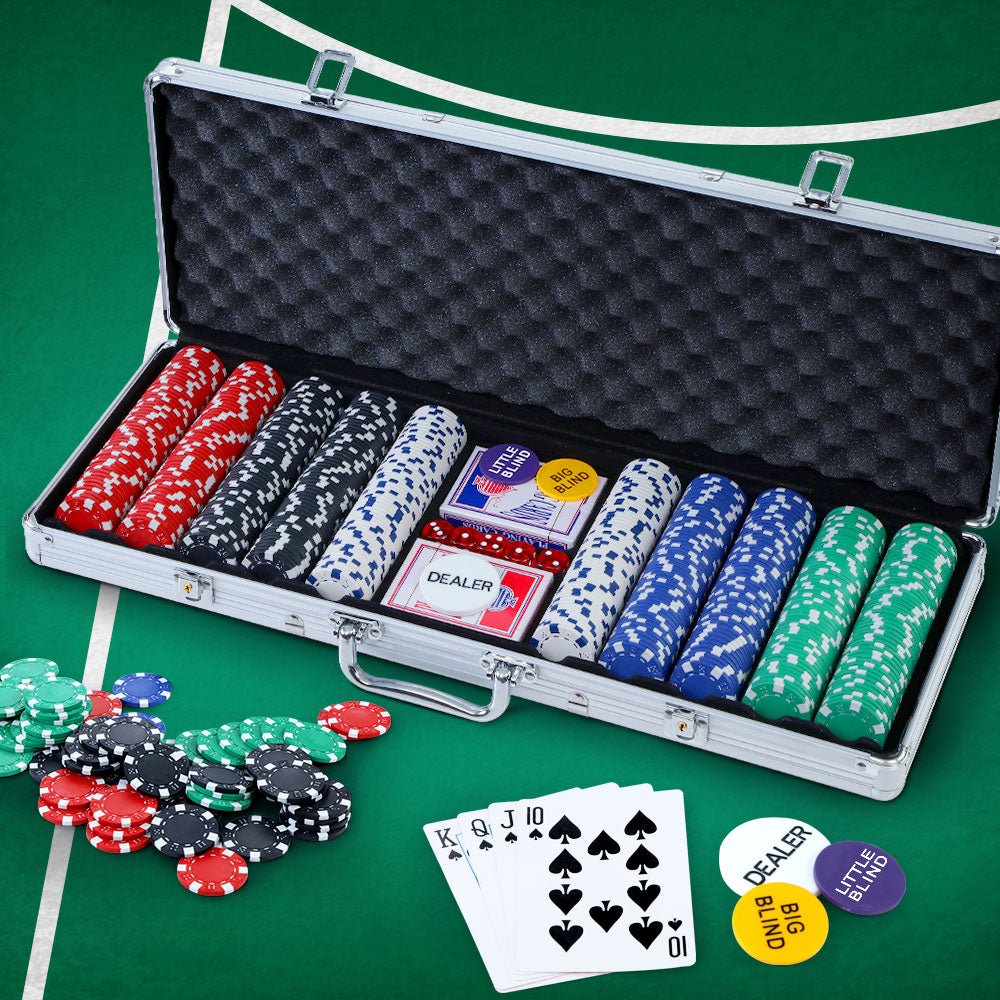 500pcs Poker Chips Set Casino Texas Hold'em Gambling Party Game Dice Cards Case - Newstart Furniture