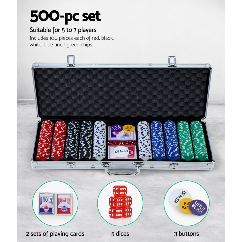 500pcs Poker Chips Set Casino Texas Hold'em Gambling Party Game Dice Cards Case - Newstart Furniture