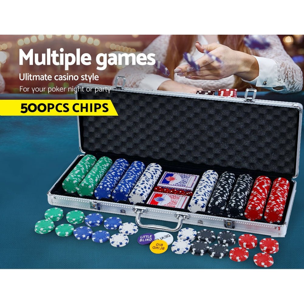 500pcs Poker Chips Set Casino Texas Hold'em Gambling Party Game Dice Cards Case - Newstart Furniture