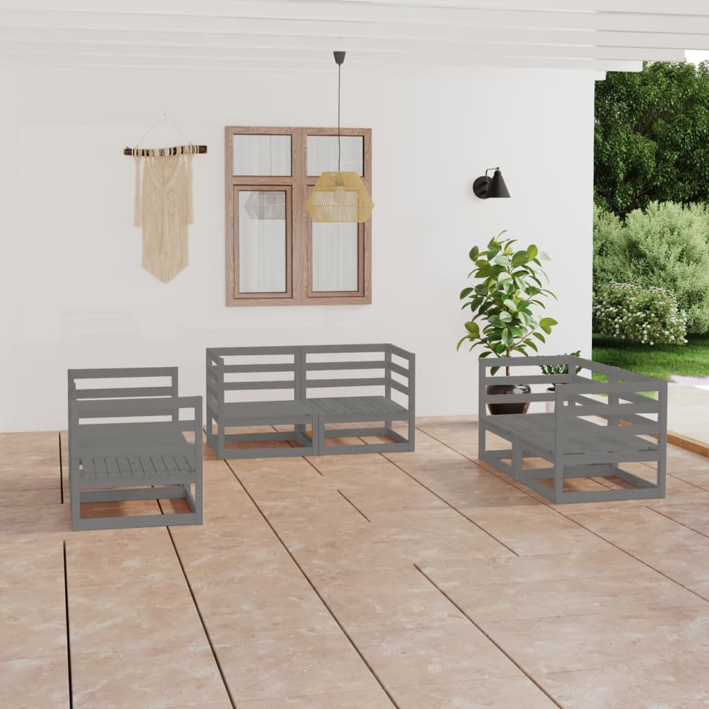 6 Piece Garden Lounge Set Grey Solid Pinewood - Newstart Furniture