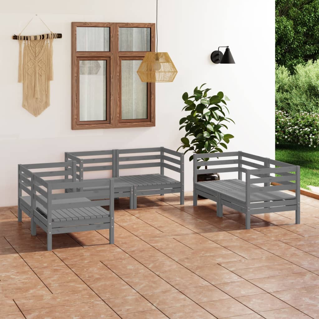 6 Piece Garden Lounge Set Grey Solid Pinewood - Newstart Furniture