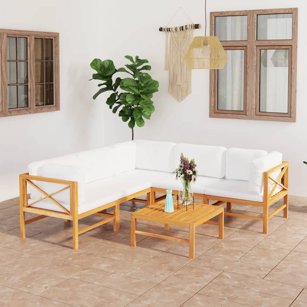 6 Piece Garden Lounge Set with Cream Cushions Solid Teak Wood - Newstart Furniture