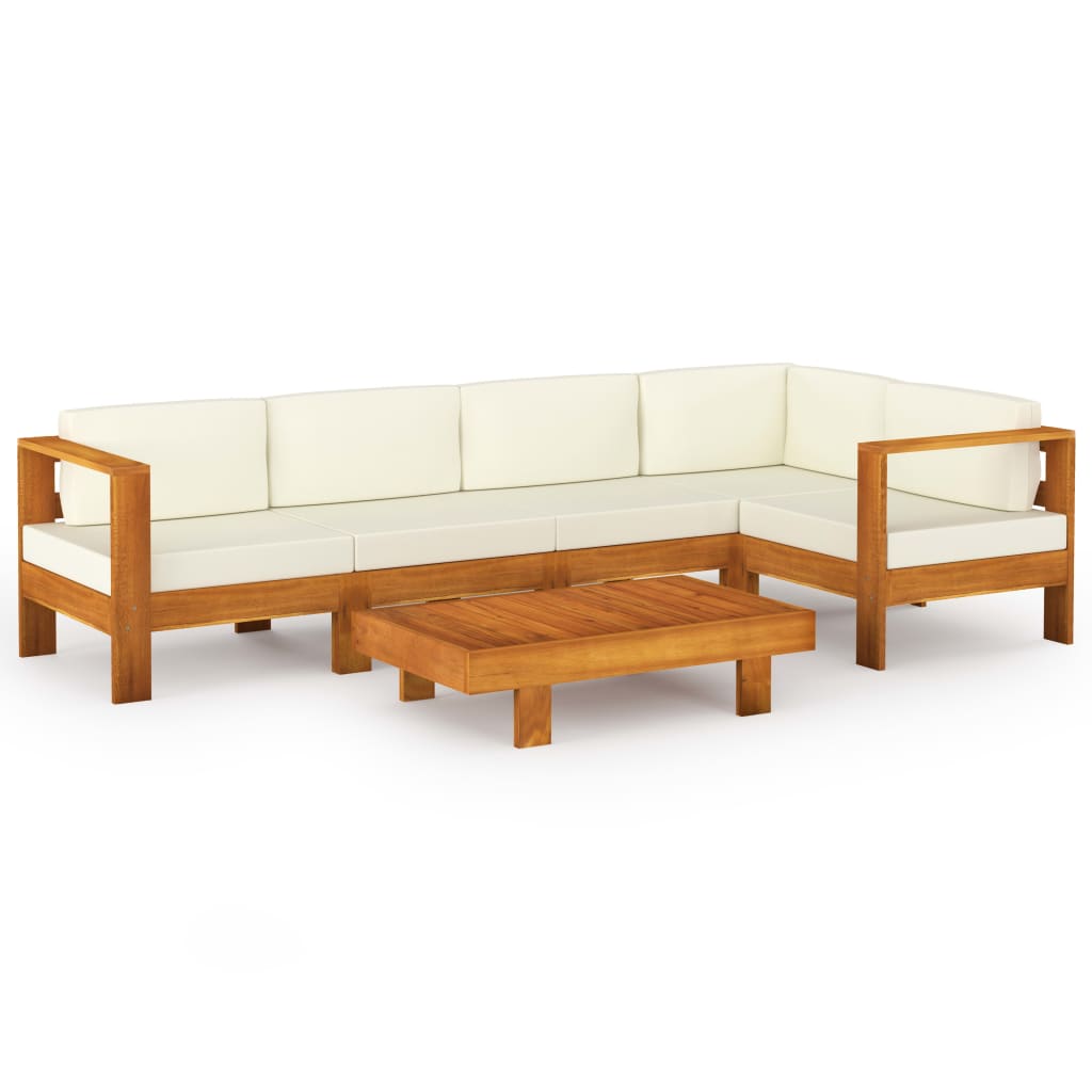 6 Piece Garden Lounge Set with Cream White Cushions Acacia Wood - Newstart Furniture