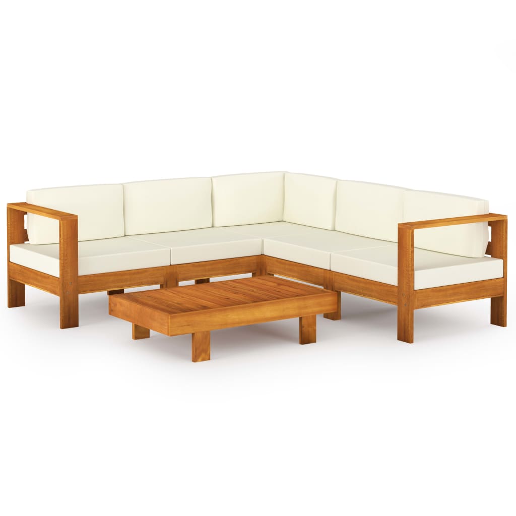 6 Piece Garden Lounge Set with Cream White Cushions Acacia Wood - Newstart Furniture