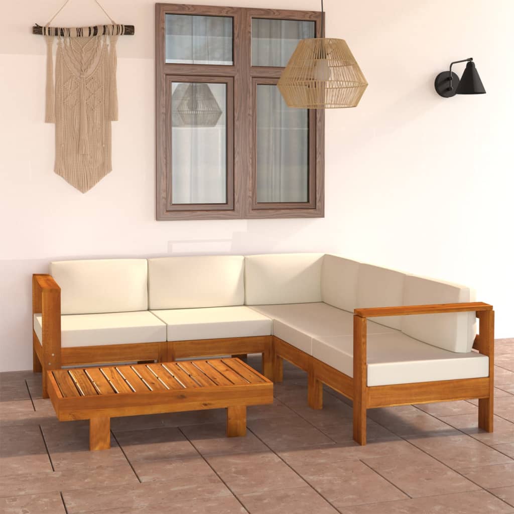 6 Piece Garden Lounge Set with Cream White Cushions Acacia Wood - Newstart Furniture