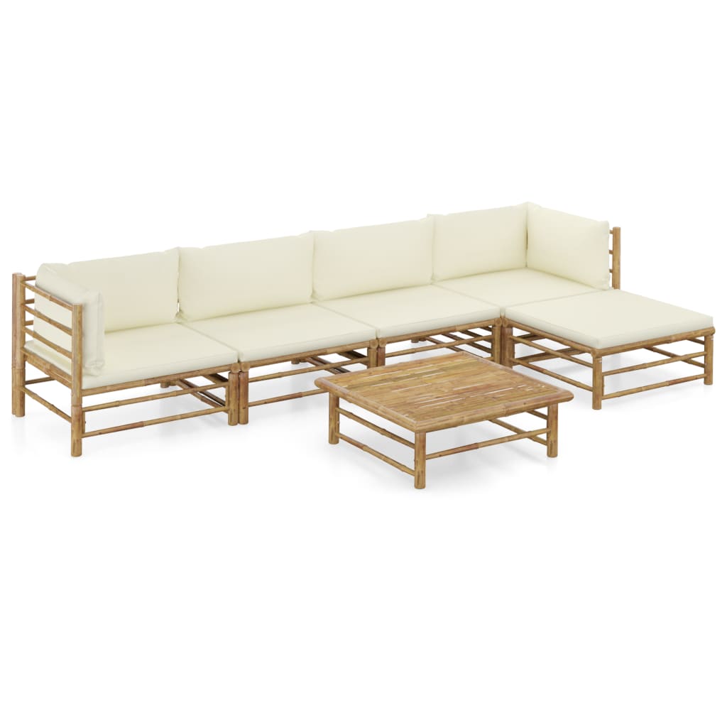 6 Piece Garden Lounge Set with Cream White Cushions Bamboo - Newstart Furniture