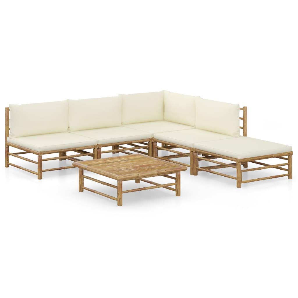 6 Piece Garden Lounge Set with Cream White Cushions Bamboo - Newstart Furniture