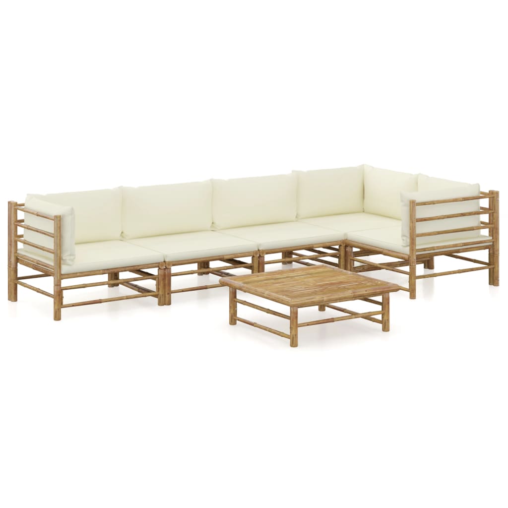 6 Piece Garden Lounge Set with Cream White Cushions Bamboo - Newstart Furniture