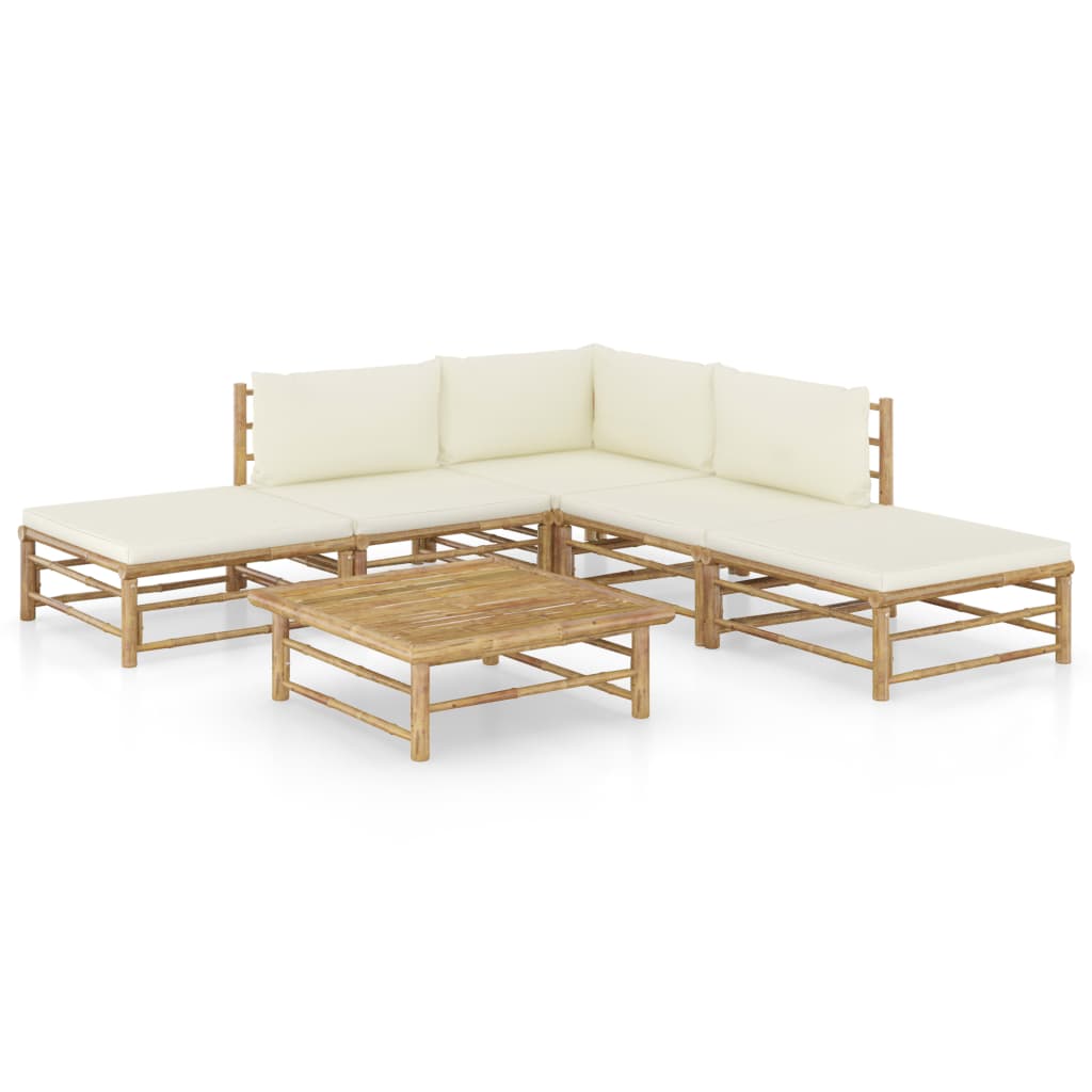 6 Piece Garden Lounge Set with Cream White Cushions Bamboo - Newstart Furniture