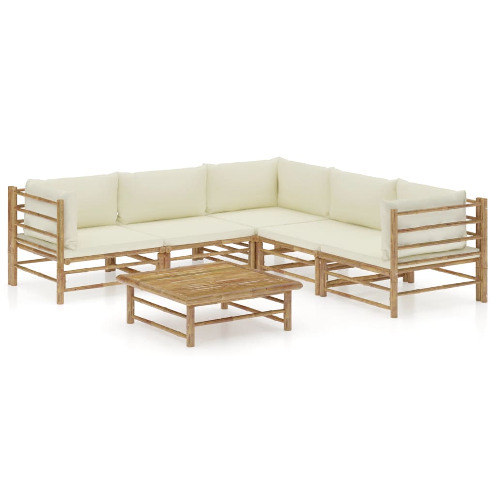 6 Piece Garden Lounge Set with Cream White Cushions Bamboo - Newstart Furniture