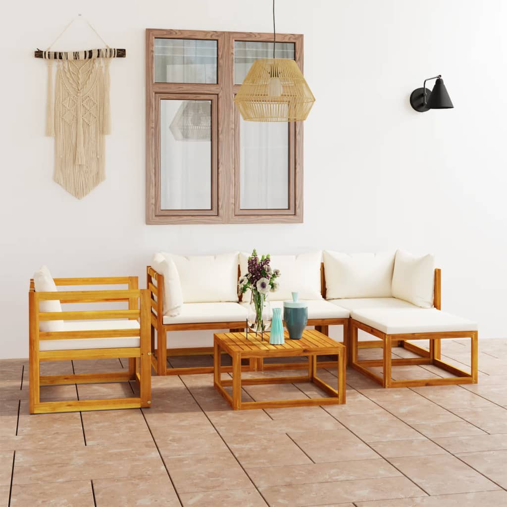 6 Piece Garden Lounge Set with Cushion Cream Solid Acacia Wood - Newstart Furniture