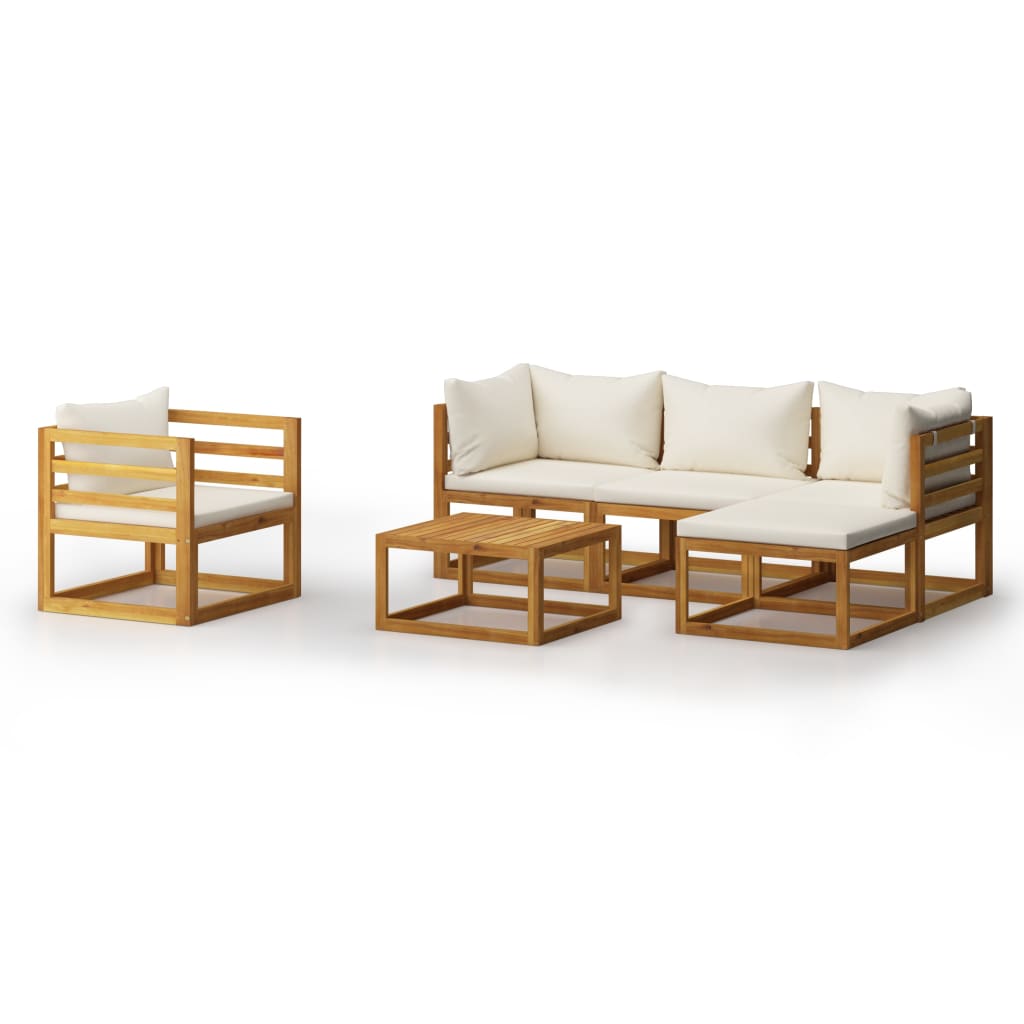 6 Piece Garden Lounge Set with Cushion Cream Solid Acacia Wood - Newstart Furniture