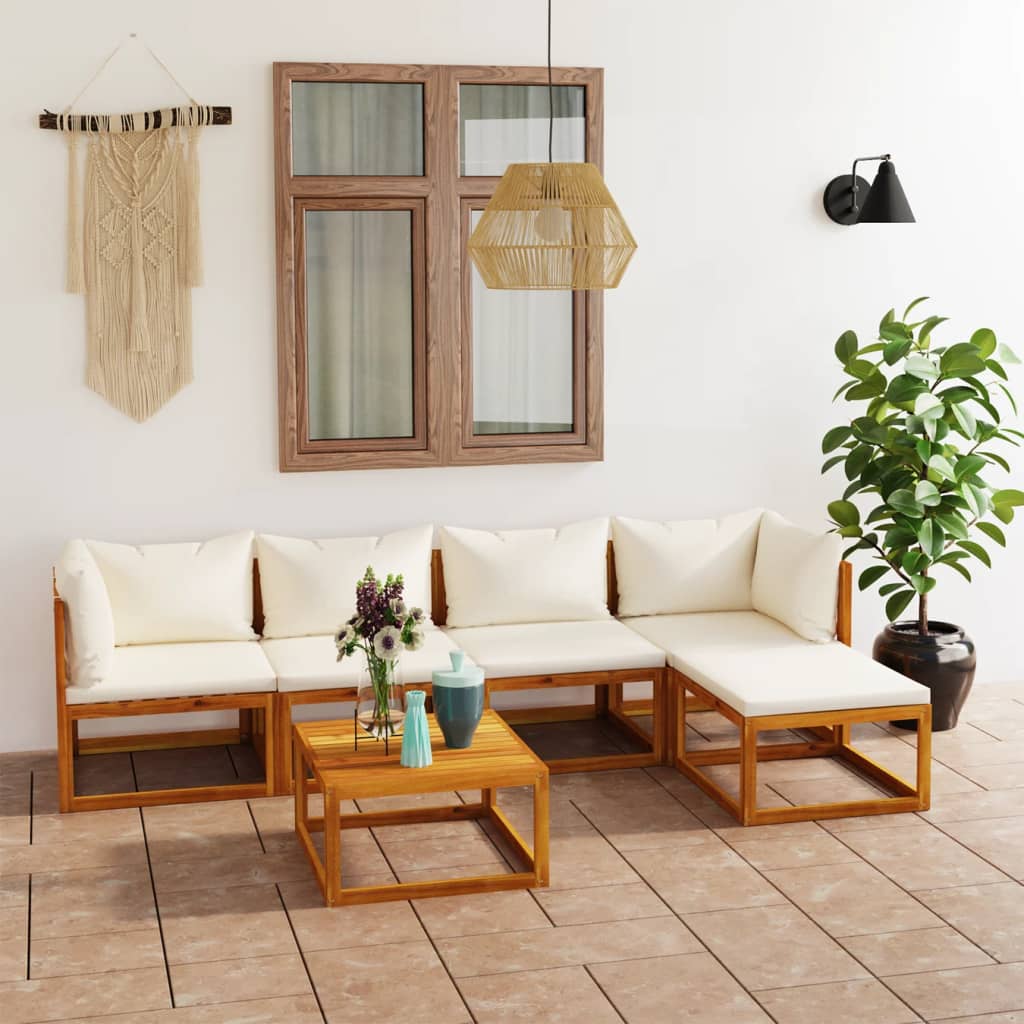 6 Piece Garden Lounge Set with Cushion Cream Solid Acacia Wood - Newstart Furniture