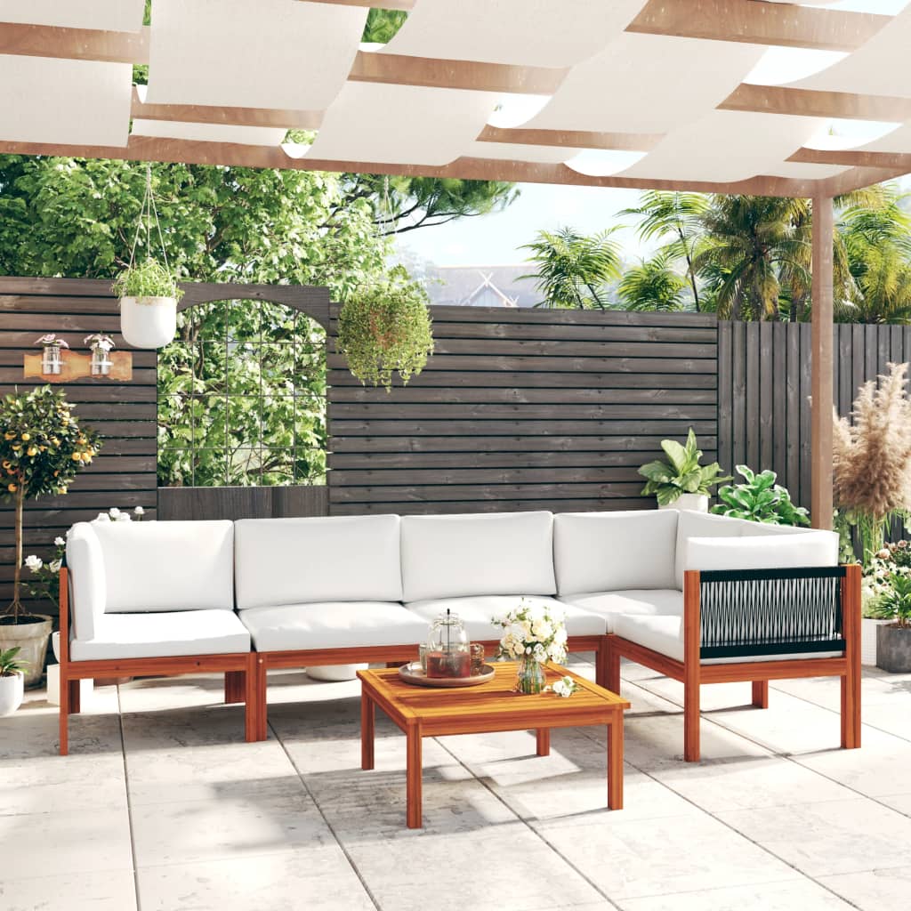 6 Piece Garden Lounge Set with Cushions Cream Solid Acacia Wood - Newstart Furniture