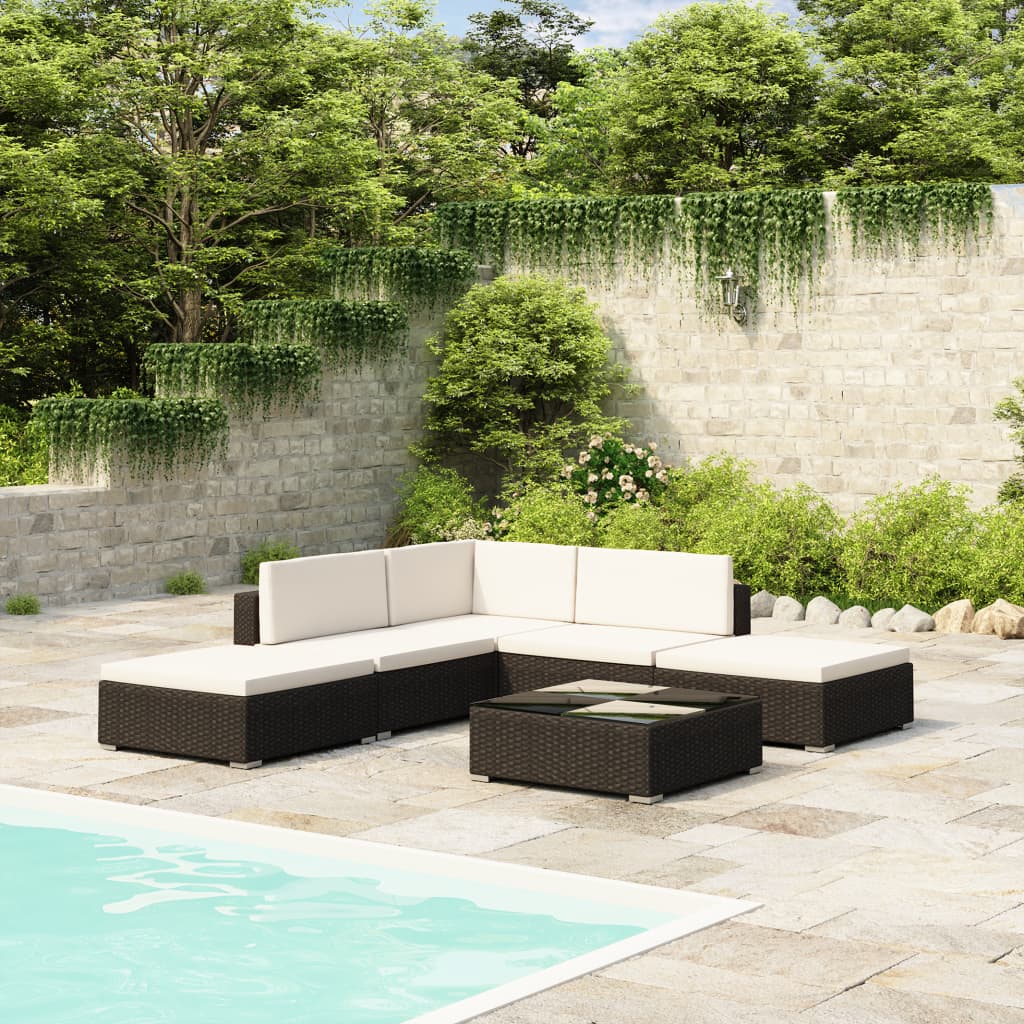 6 Piece Garden Lounge Set with Cushions Poly Rattan Black - Newstart Furniture