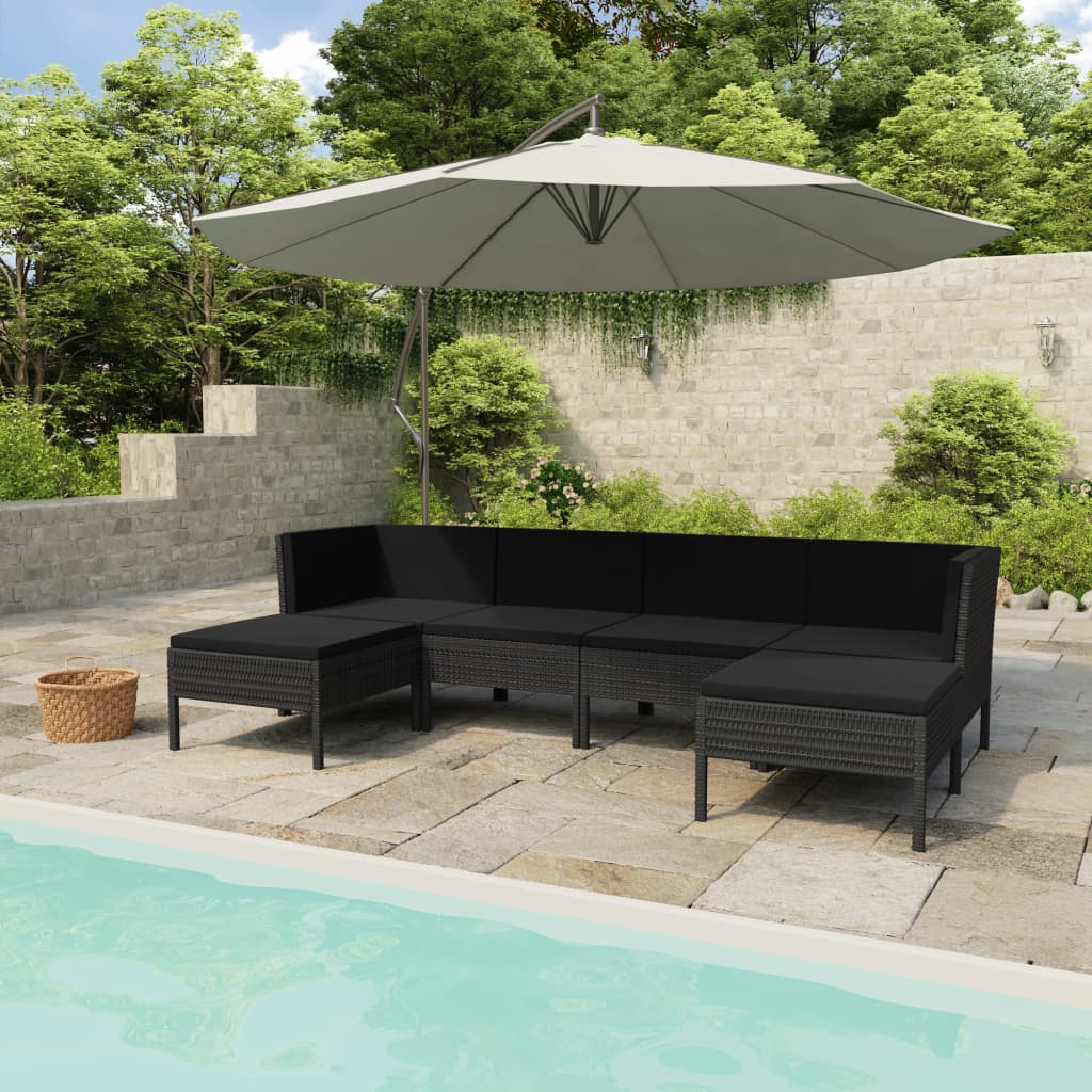 6 Piece Garden Lounge Set with Cushions Poly Rattan Black - Newstart Furniture