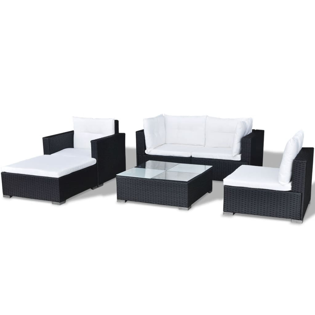 6 Piece Garden Lounge Set with Cushions Poly Rattan Black - Newstart Furniture