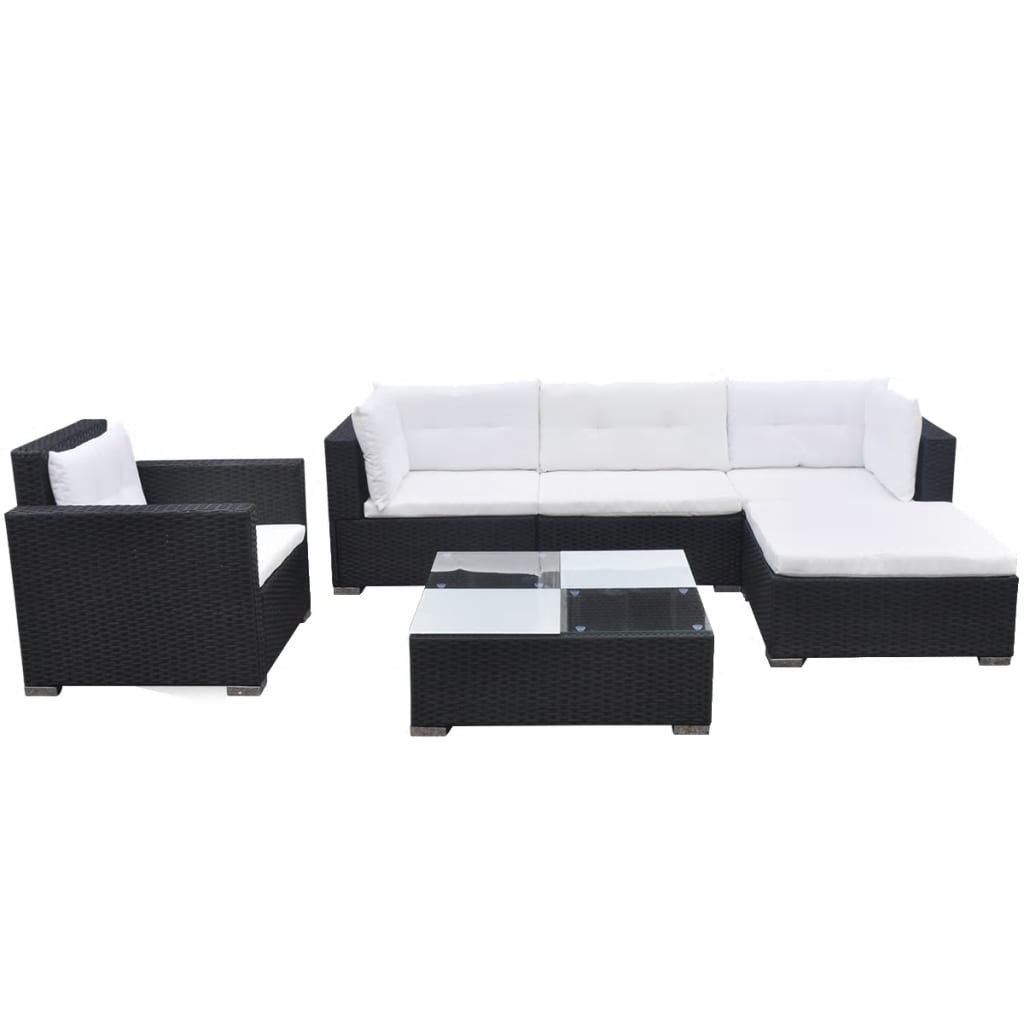 6 Piece Garden Lounge Set with Cushions Poly Rattan Black - Newstart Furniture