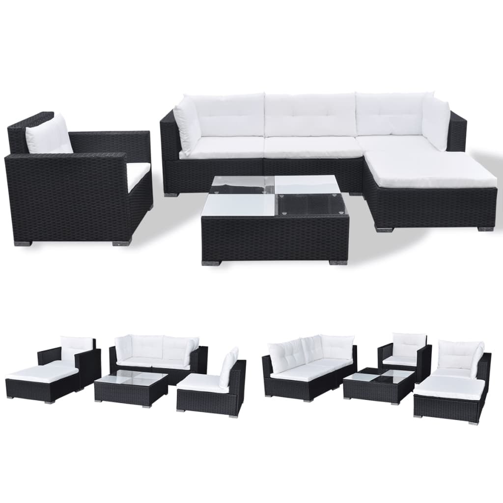 6 Piece Garden Lounge Set with Cushions Poly Rattan Black - Newstart Furniture