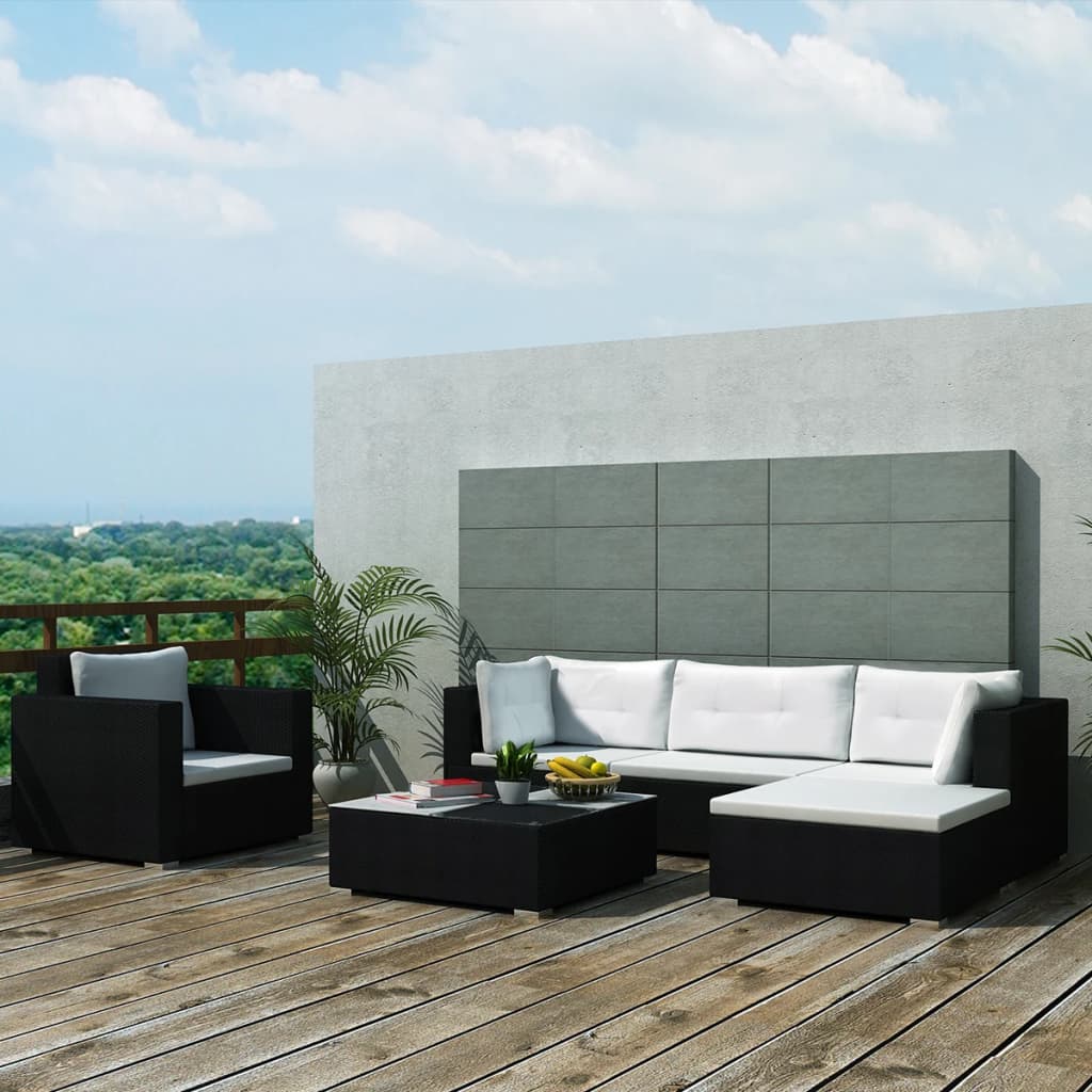 6 Piece Garden Lounge Set with Cushions Poly Rattan Black - Newstart Furniture