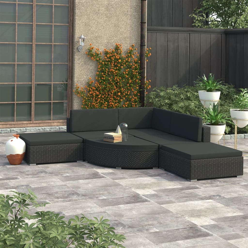 6 Piece Garden Lounge Set with Cushions Poly Rattan Black - Newstart Furniture