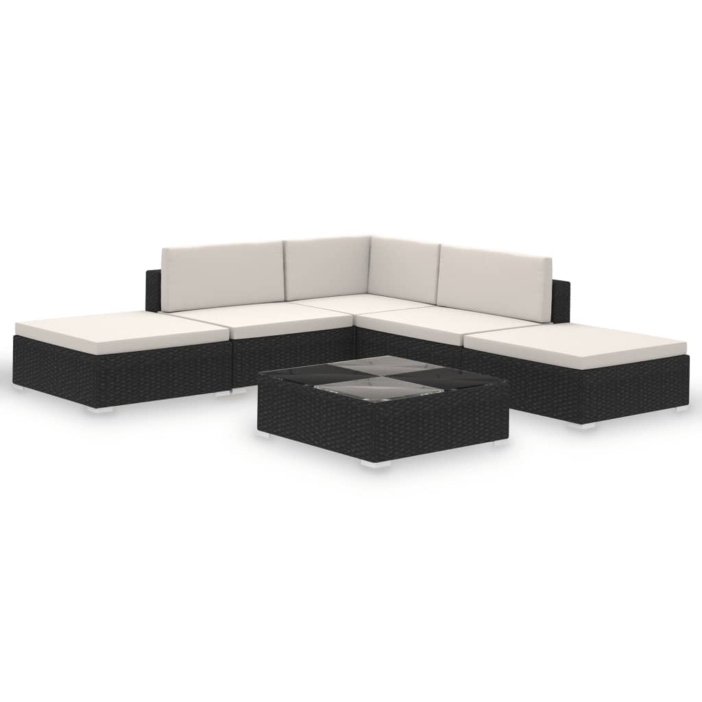 6 Piece Garden Lounge Set with Cushions Poly Rattan Black - Newstart Furniture