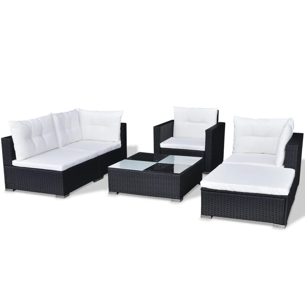 6 Piece Garden Lounge Set with Cushions Poly Rattan Black - Newstart Furniture