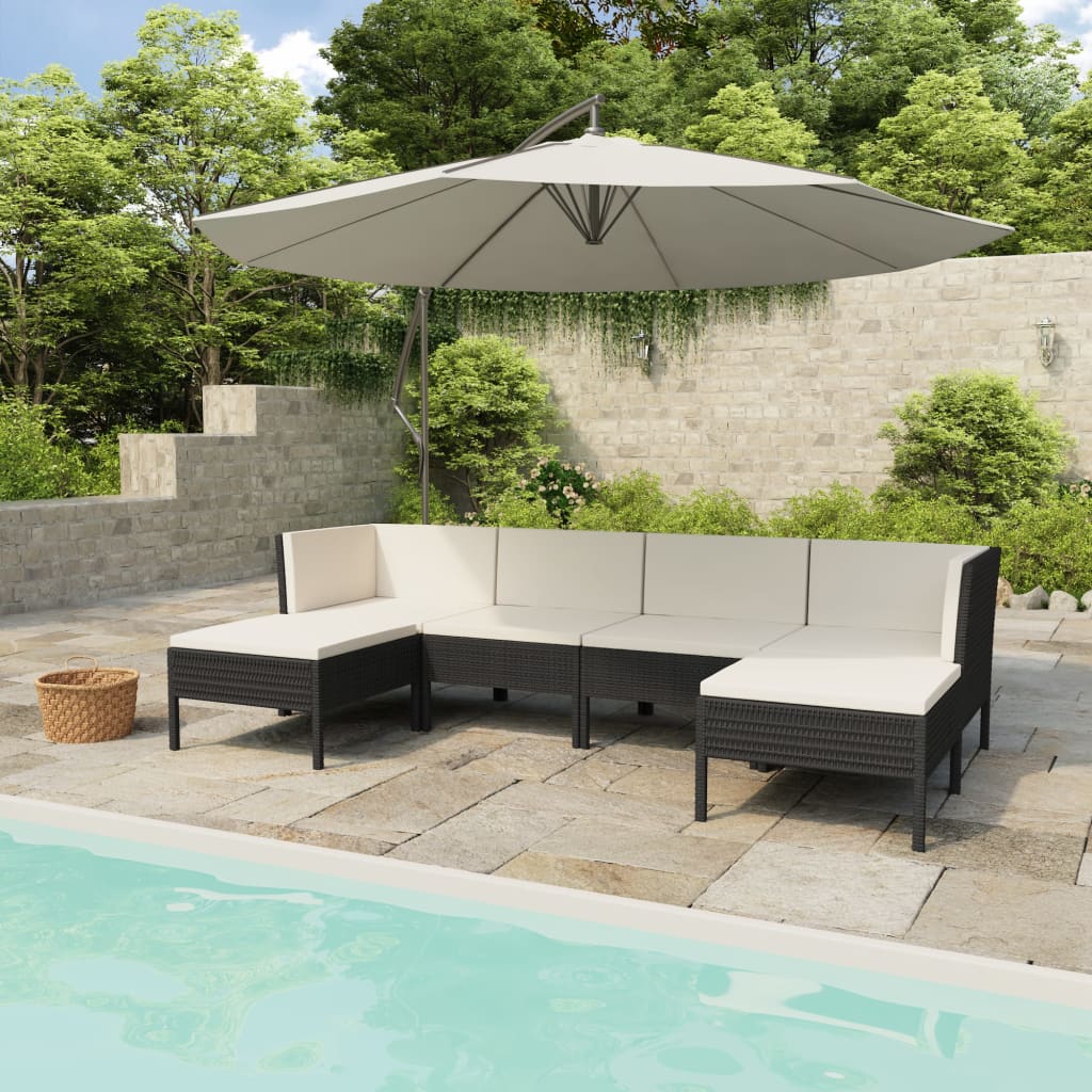 6 Piece Garden Lounge Set with Cushions Poly Rattan Black - Newstart Furniture