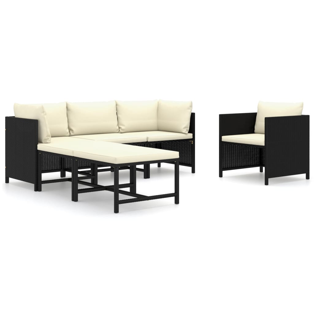 6 Piece Garden Lounge Set with Cushions Poly Rattan Black - Newstart Furniture