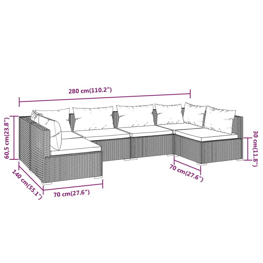 6 Piece Garden Lounge Set with Cushions Poly Rattan Brown - Newstart Furniture