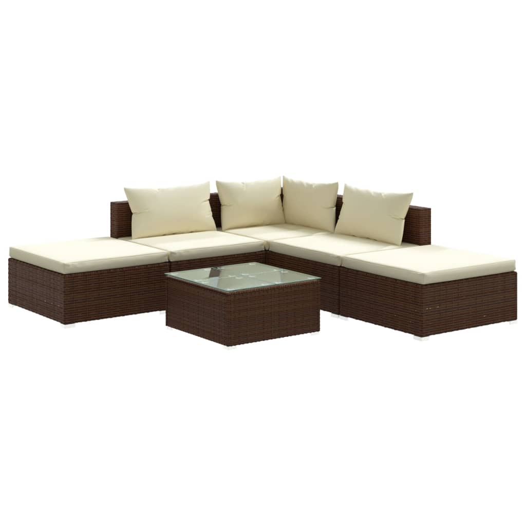 6 Piece Garden Lounge Set with Cushions Poly Rattan Brown - Newstart Furniture