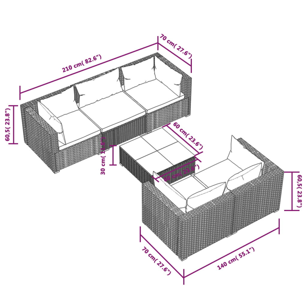 6 Piece Garden Lounge Set with Cushions Poly Rattan Brown - Newstart Furniture