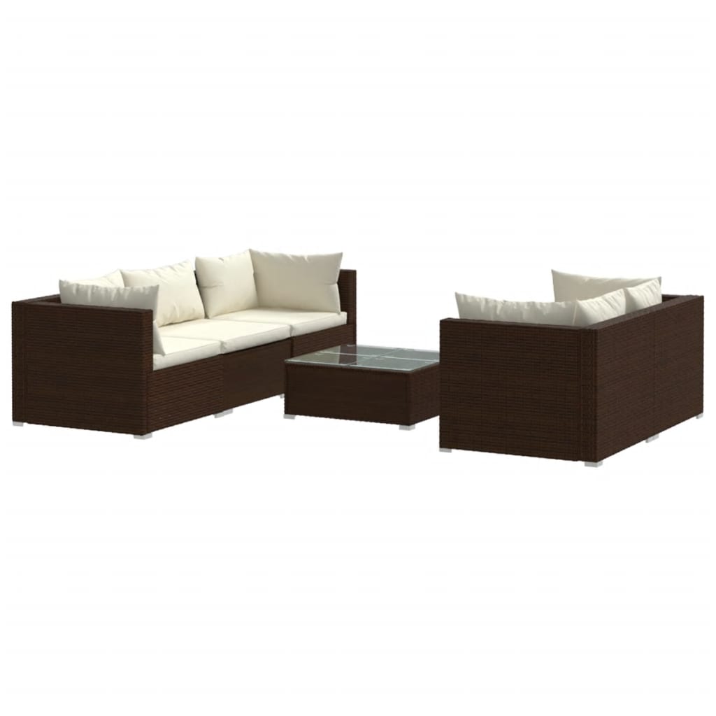 6 Piece Garden Lounge Set with Cushions Poly Rattan Brown - Newstart Furniture