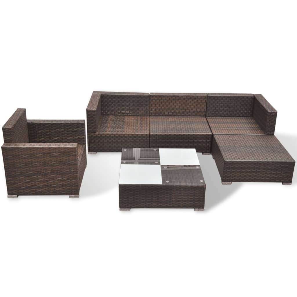 6 Piece Garden Lounge Set with Cushions Poly Rattan Brown - Newstart Furniture