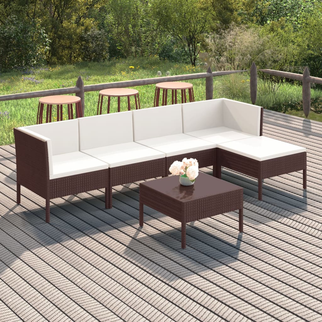 6 Piece Garden Lounge Set with Cushions Poly Rattan Brown - Newstart Furniture