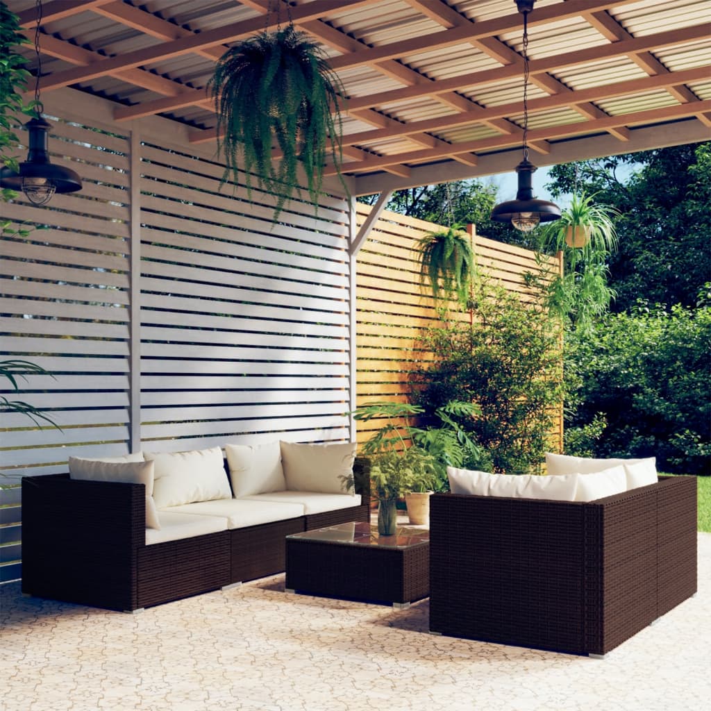 6 Piece Garden Lounge Set with Cushions Poly Rattan Brown - Newstart Furniture