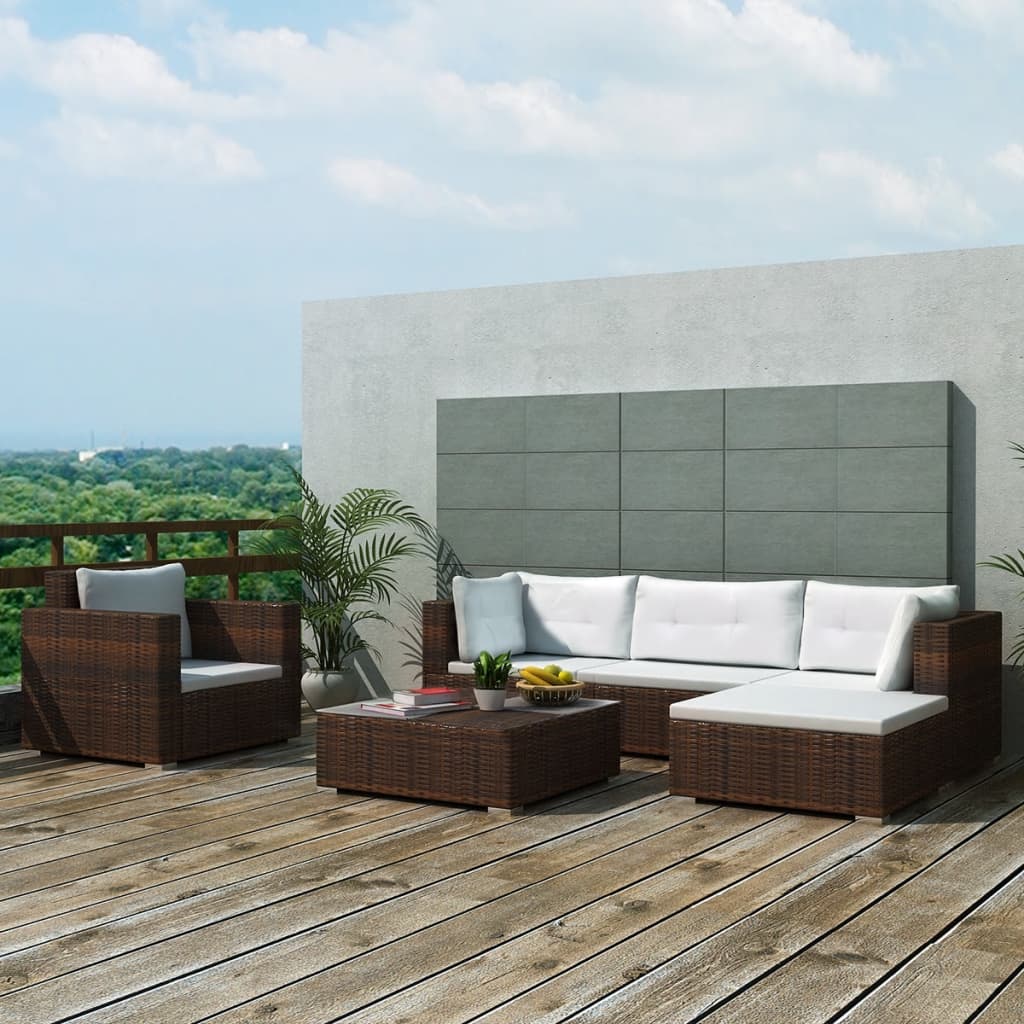 6 Piece Garden Lounge Set with Cushions Poly Rattan Brown - Newstart Furniture