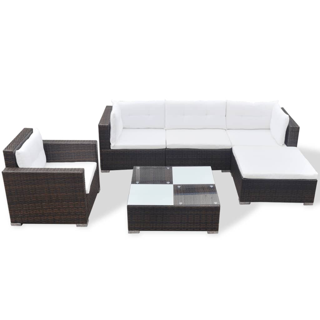 6 Piece Garden Lounge Set with Cushions Poly Rattan Brown - Newstart Furniture