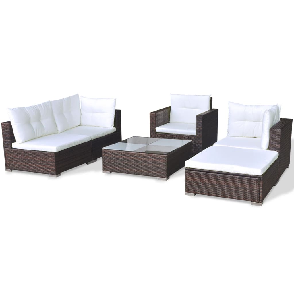 6 Piece Garden Lounge Set with Cushions Poly Rattan Brown - Newstart Furniture