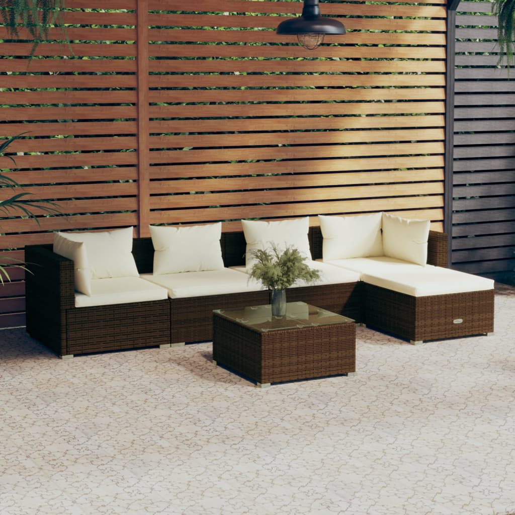 6 Piece Garden Lounge Set with Cushions Poly Rattan Brown - Newstart Furniture