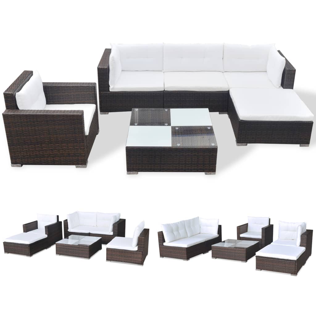 6 Piece Garden Lounge Set with Cushions Poly Rattan Brown - Newstart Furniture