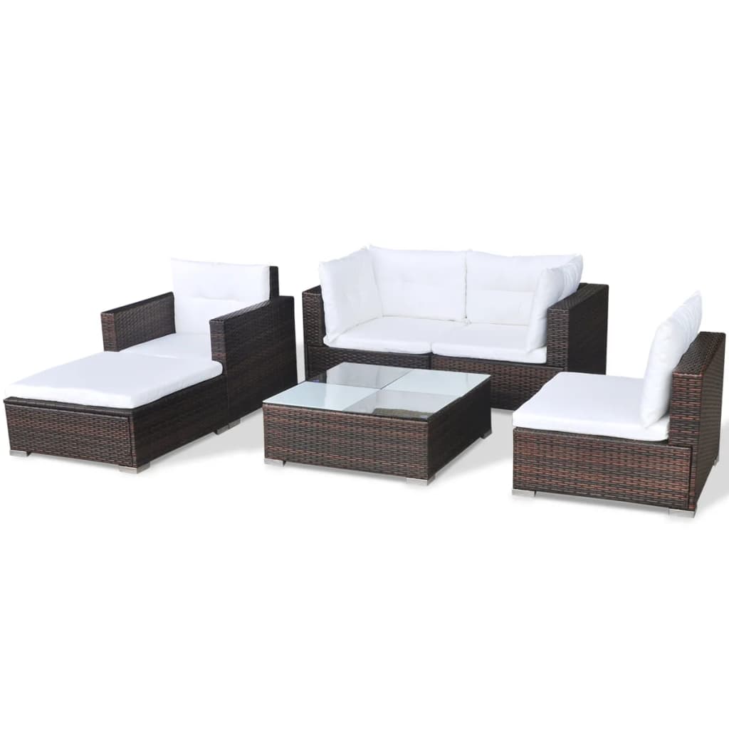 6 Piece Garden Lounge Set with Cushions Poly Rattan Brown - Newstart Furniture