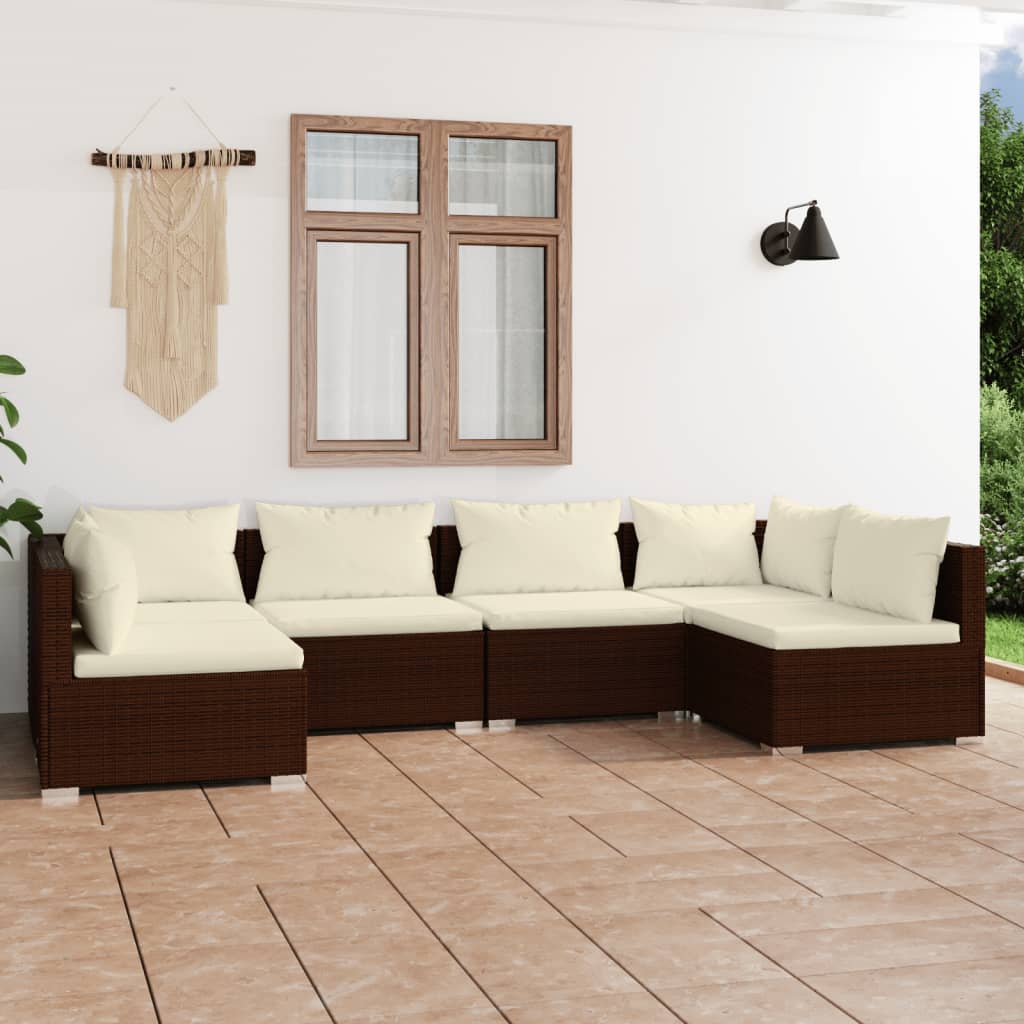 6 Piece Garden Lounge Set with Cushions Poly Rattan Brown - Newstart Furniture