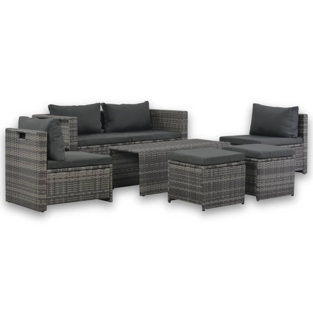 6 Piece Garden Lounge Set with Cushions Poly Rattan Grey - Newstart Furniture