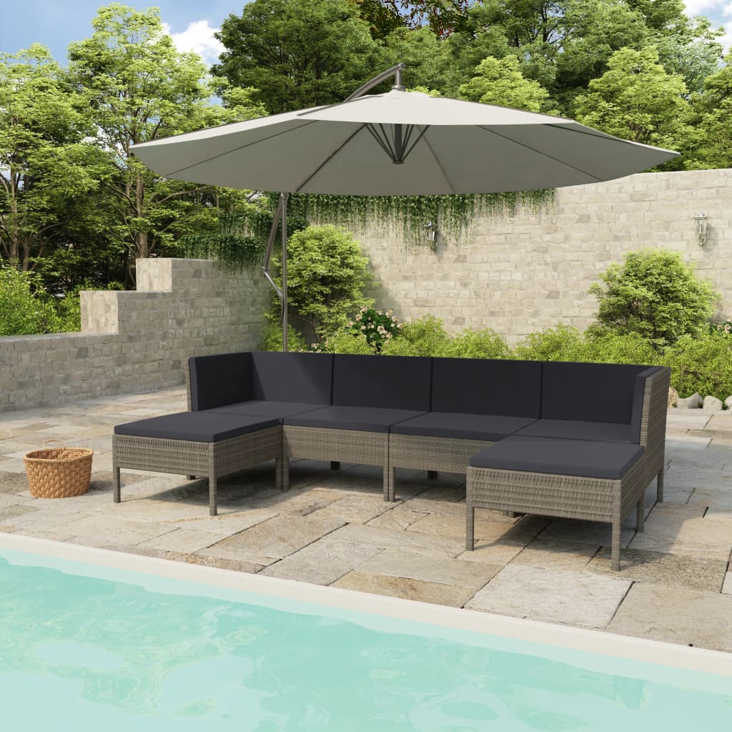 6 Piece Garden Lounge Set with Cushions Poly Rattan Grey - Newstart Furniture