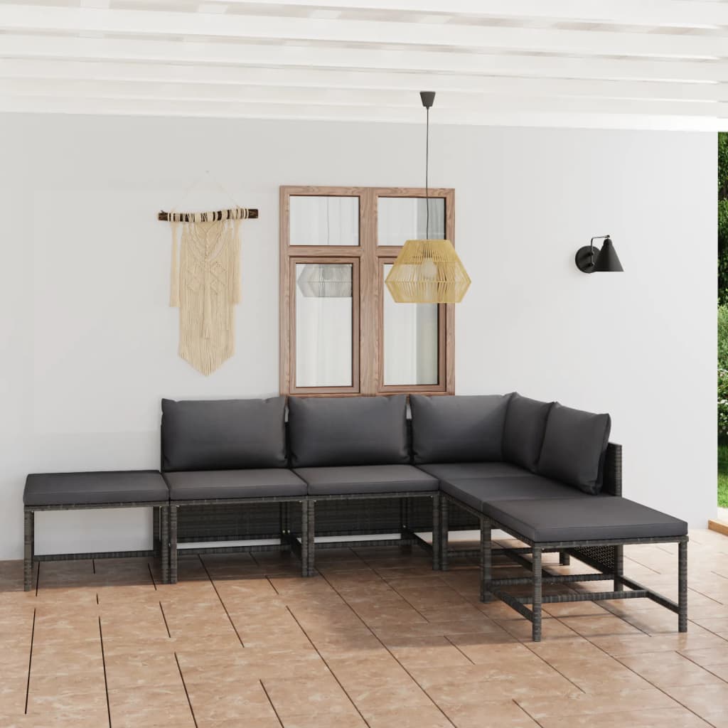 6 Piece Garden Lounge Set with Cushions Poly Rattan Grey - Newstart Furniture