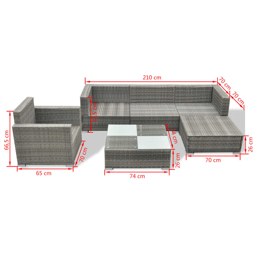 6 Piece Garden Lounge Set with Cushions Poly Rattan Grey - Newstart Furniture